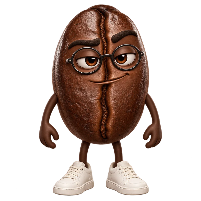Brewno: a knowing coffee bean with round glasses, a raised eyebrow and white sneakers