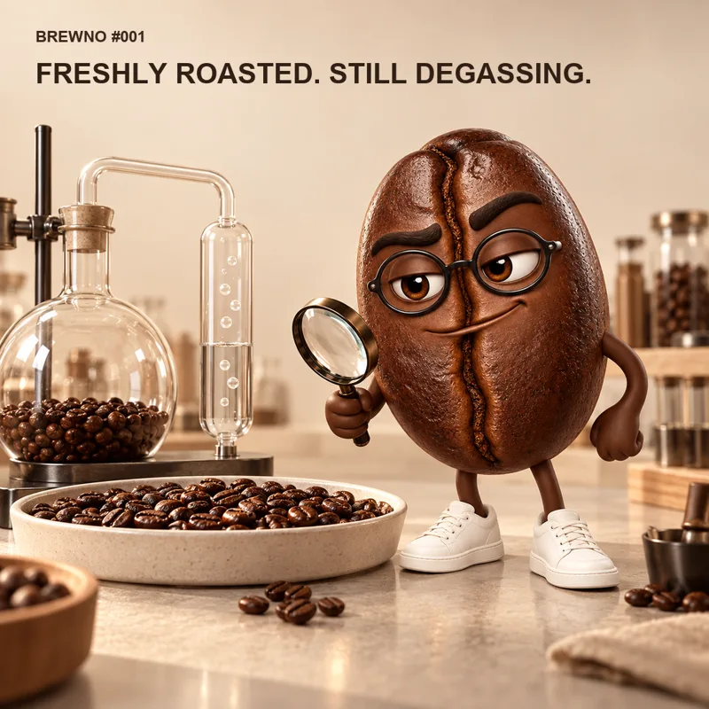 Brewno illustrates: FRESHLY ROASTED. STILL DEGASSING.